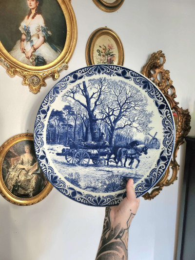 Grand plat en faïence Delfts Blauw Chemkefa made in Holland bleue et blanche