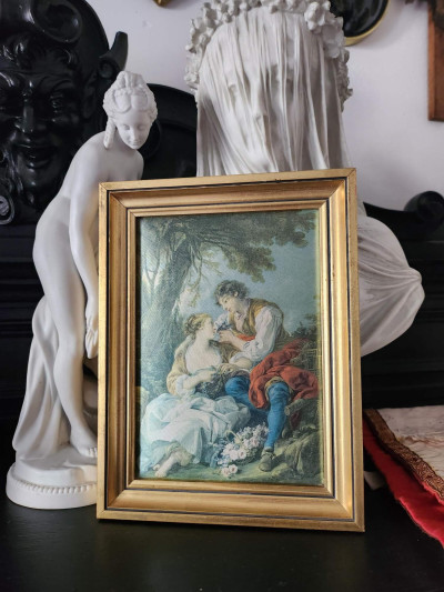 Cadre ancien – Reproduction sur soie de La Cage de François Boucher
