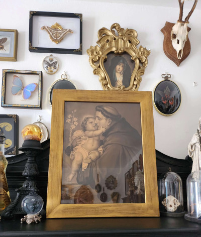 Saint Antoine de Padoue et l’Enfant Jésus Grande lithographie ancienne dans son cadre doré en bois massif