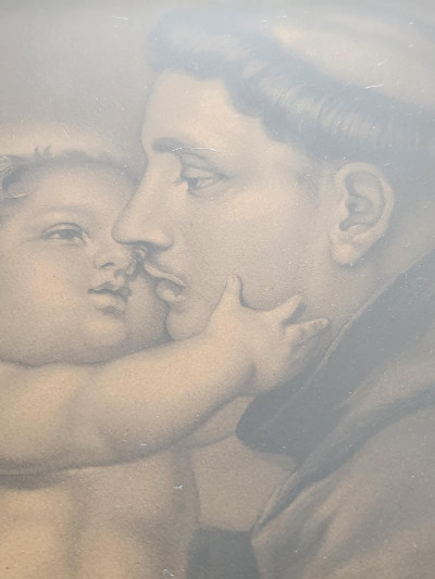 Saint Antoine de Padoue et l’Enfant Jésus Grande lithographie ancienne dans son cadre doré en bois massif
